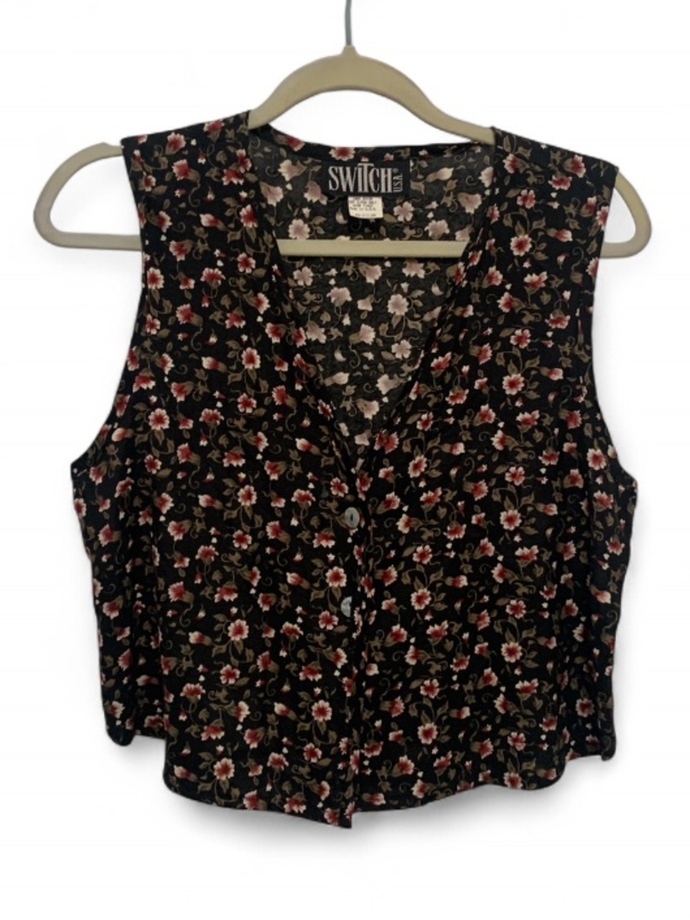 Vintage Black Floral Button-Front Vest Top